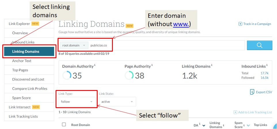 Moz linking domain search screenshot