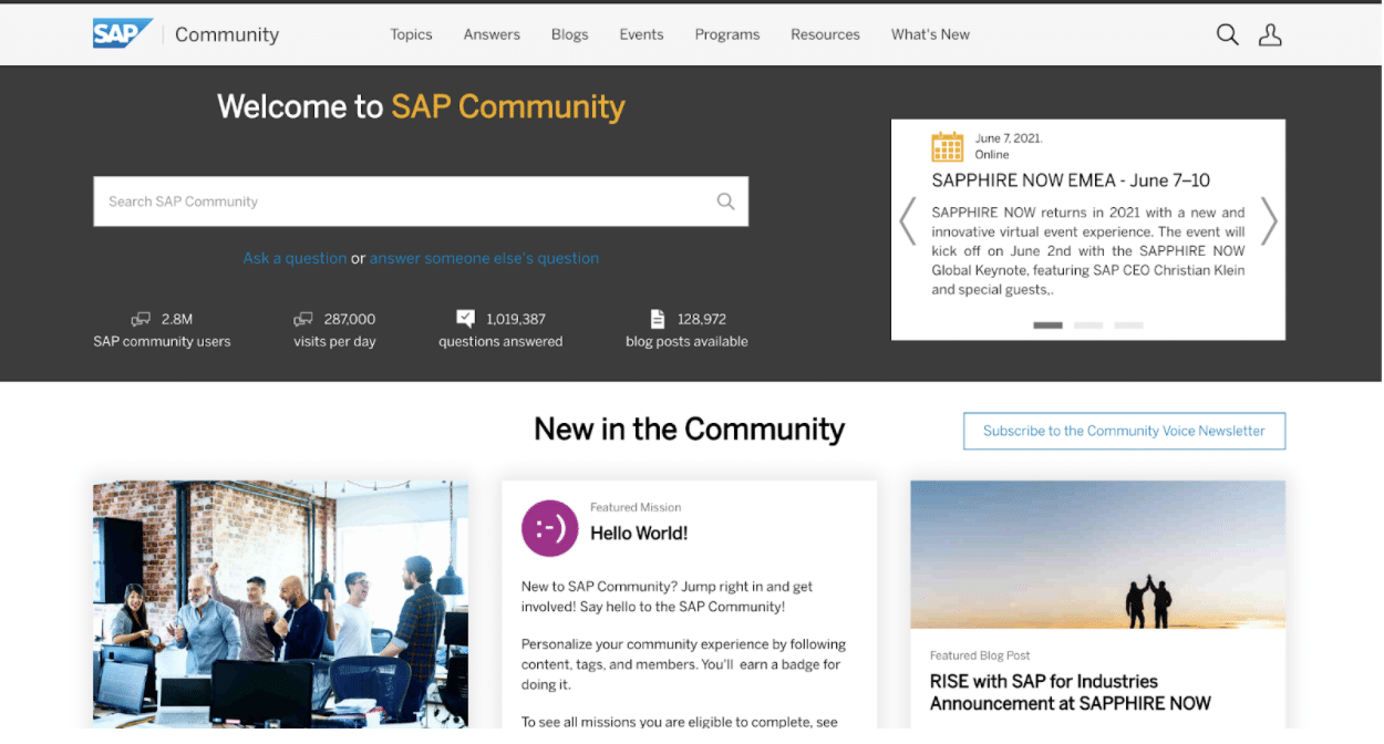 screenshot of SAP community page