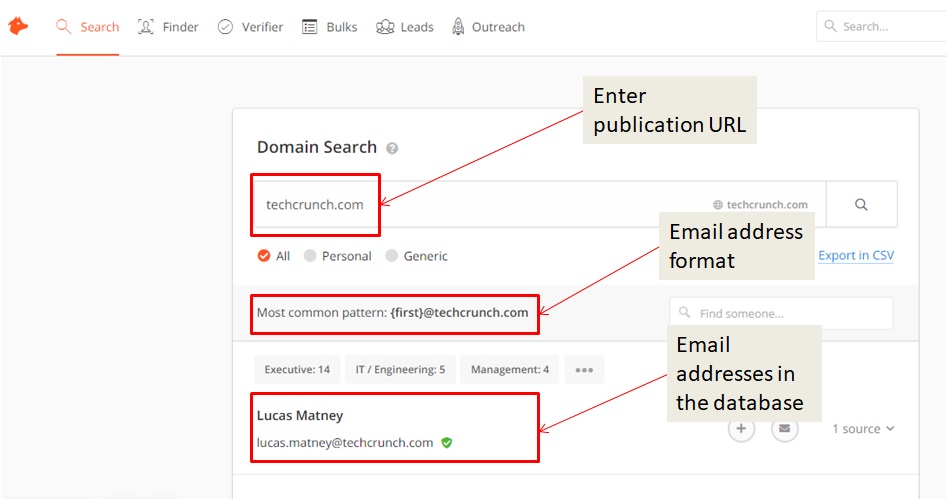 Hunter Techcrunch journalists email address search screenshot