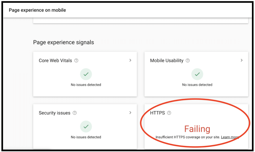 screenshot of page experience on mobile dashboard on google search console with HTTPS failing error