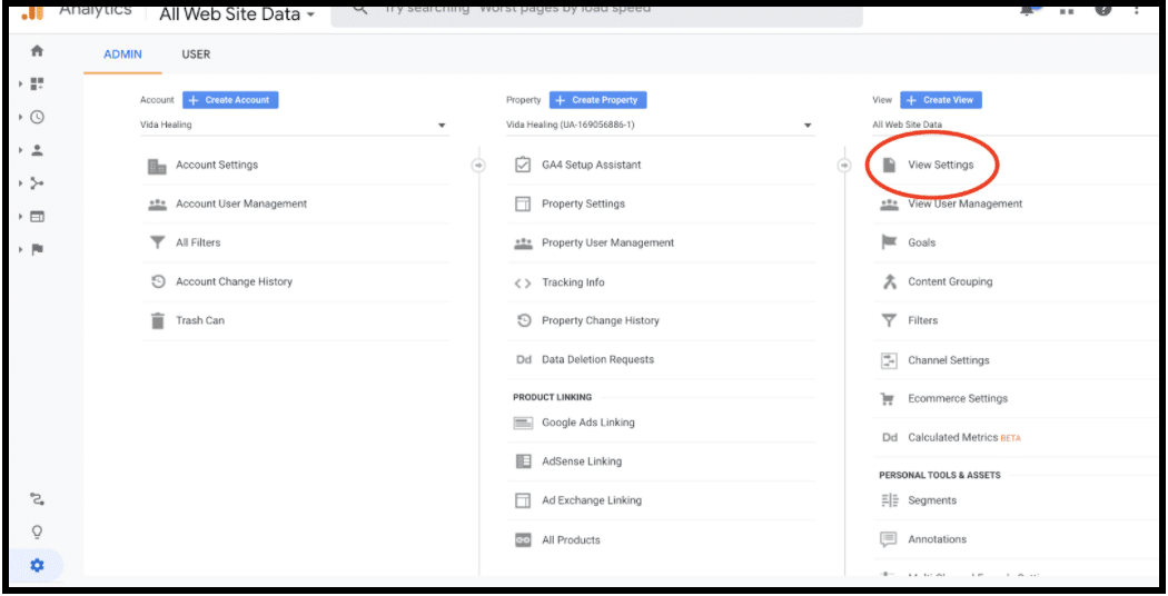 Screenshot of google analytics dashboard how to view settings