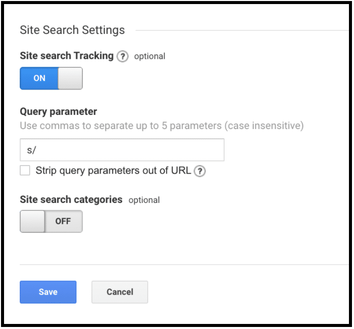 screenshot of google analytics site search settings